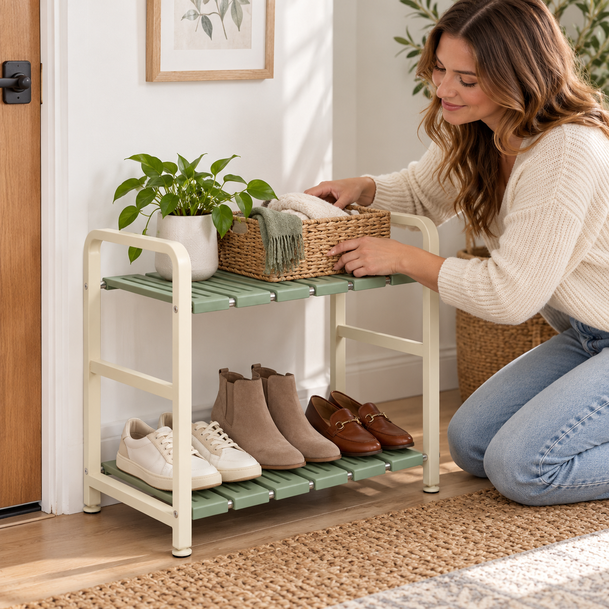 Expandable Under-Sink Organizer – Two-Tier Sage & Ivory Cabinet Shelf for Kitchen Cleaning Supplies and Bathroom Essentials
