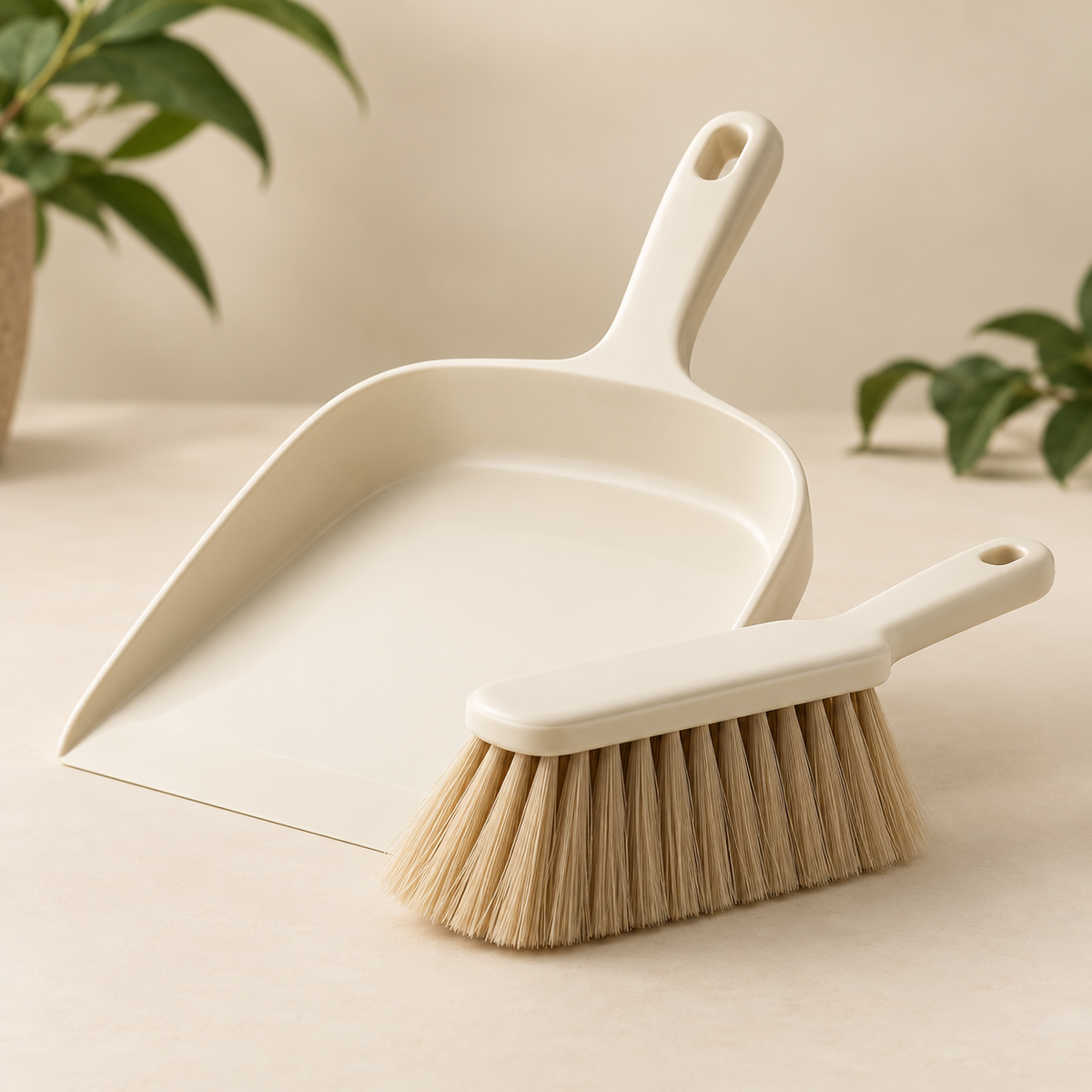 AI concept: Dustpan and Hand Brush - front three-quarter studio view