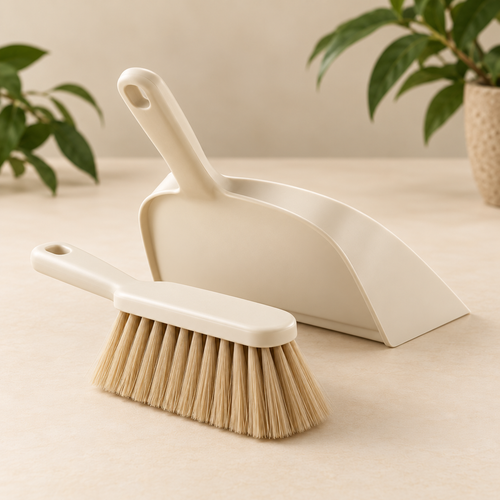 AI concept: dustpan-and-brush - reverse three-quarter studio view