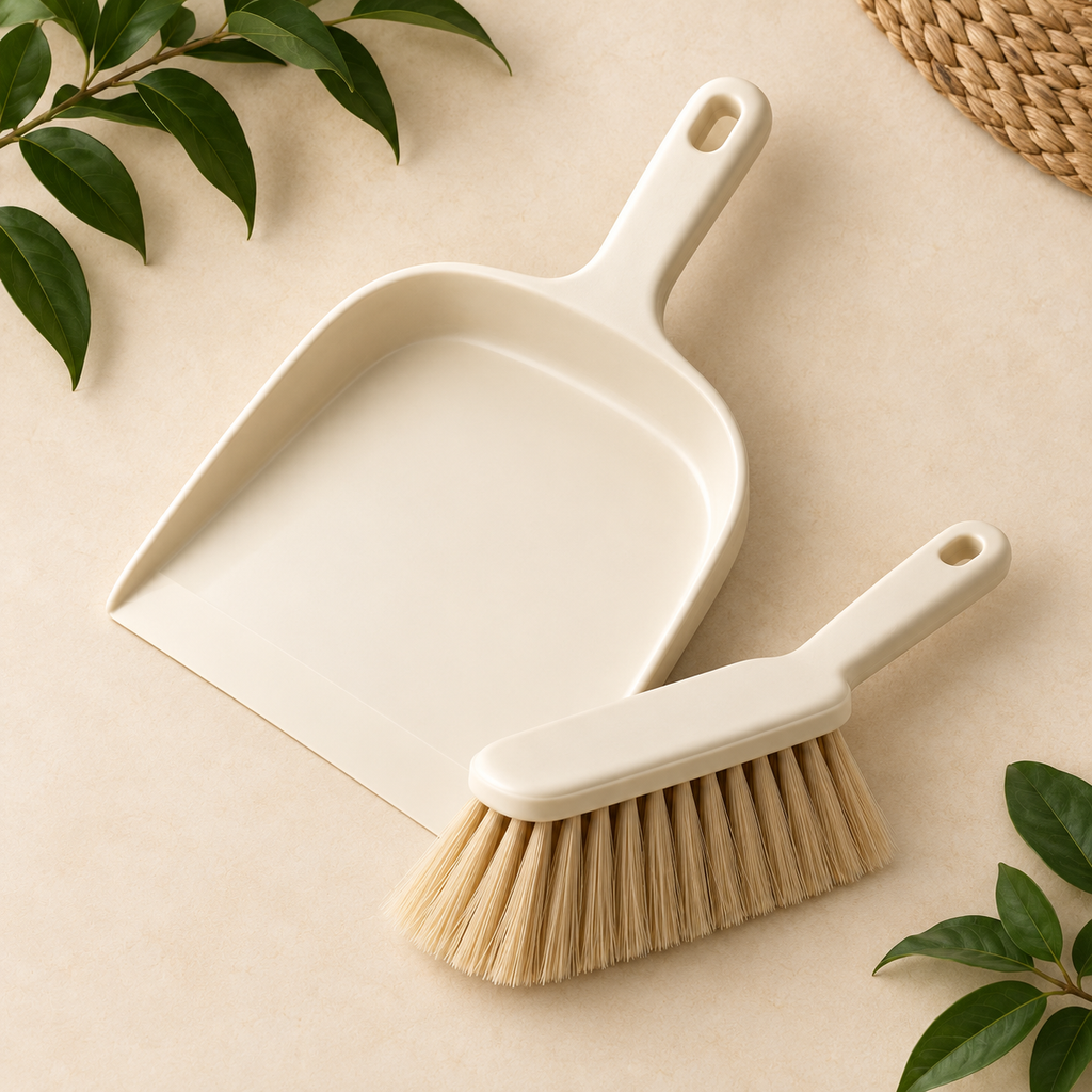 AI concept: dustpan-and-brush - overhead studio view