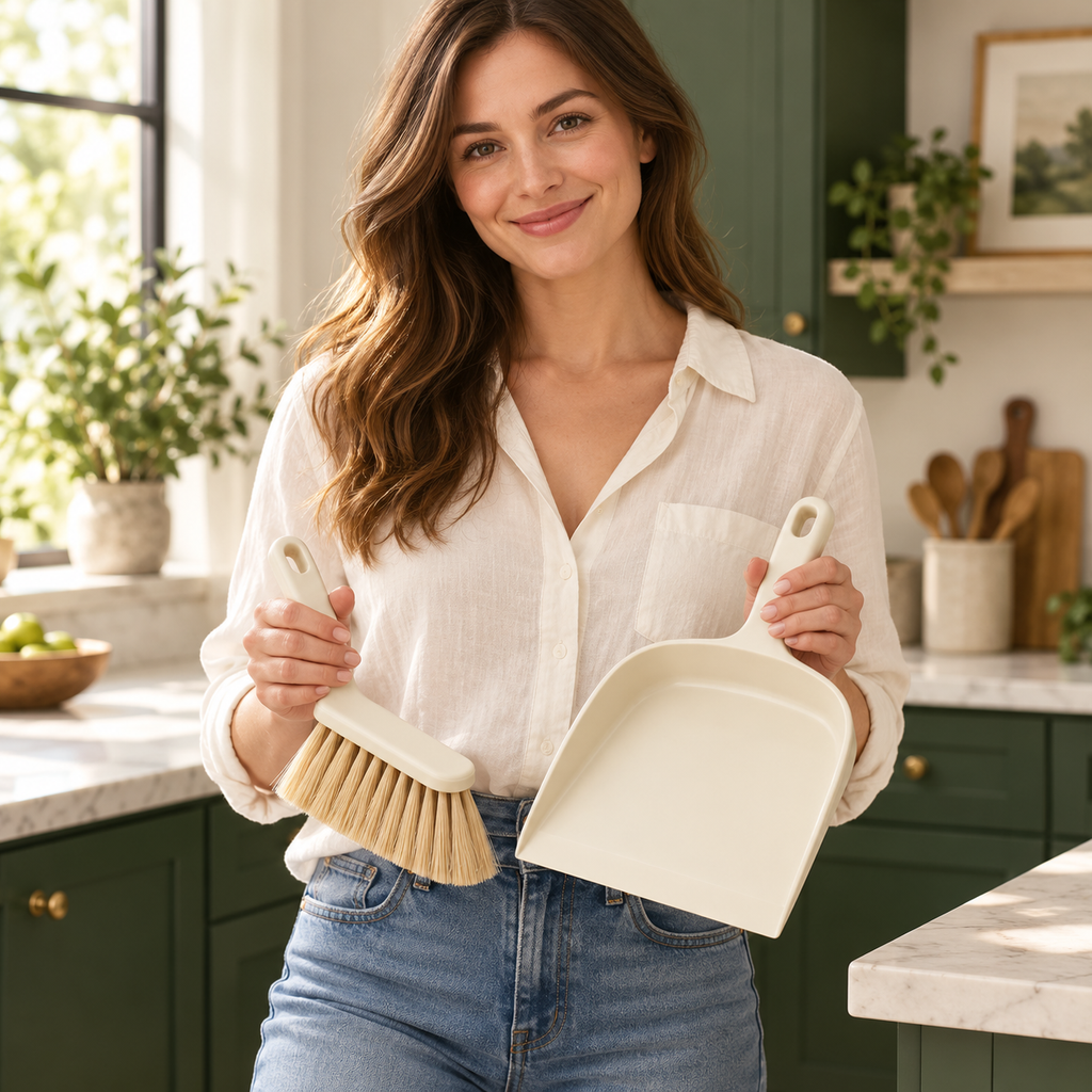 AI concept: dustpan-and-brush - female model holding product