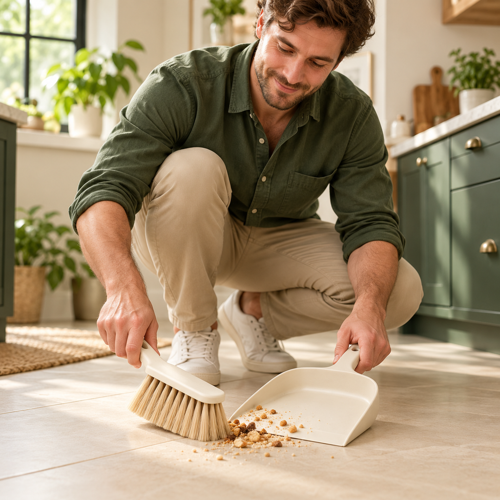 AI concept: dustpan-and-brush - male model using product