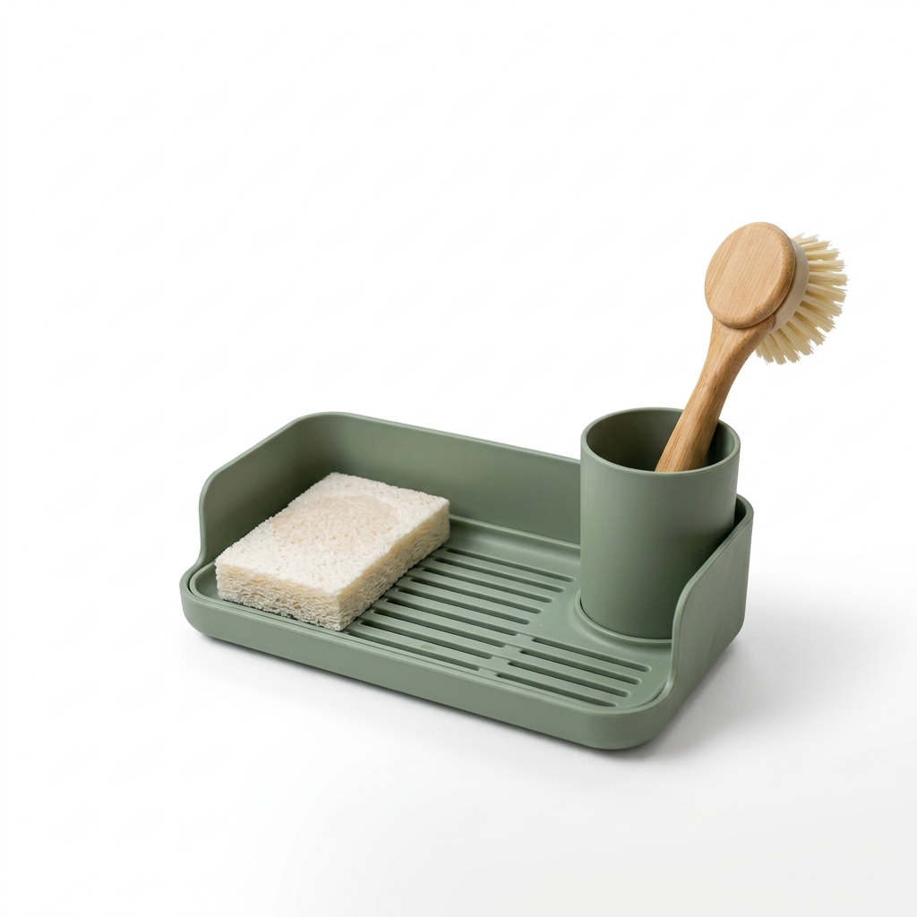 Sage green sink organizer concept on white background