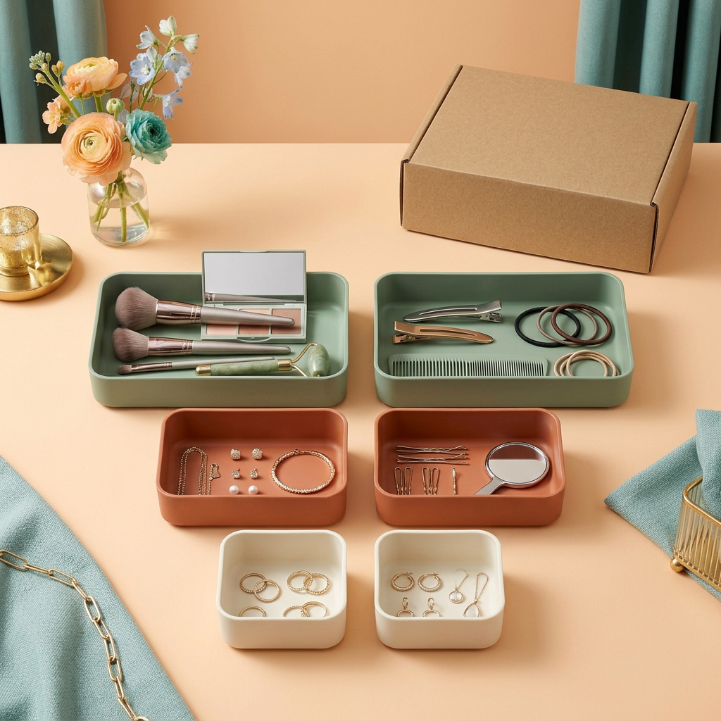 Concept organizer set styled on a vanity