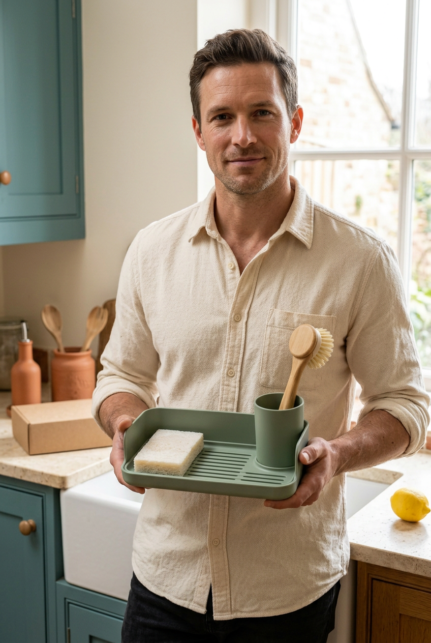 Male model holding the sage green sink organizer concept