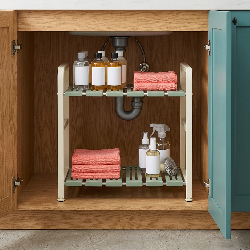 Concept organizer inside a kitchen cabinet with styling props