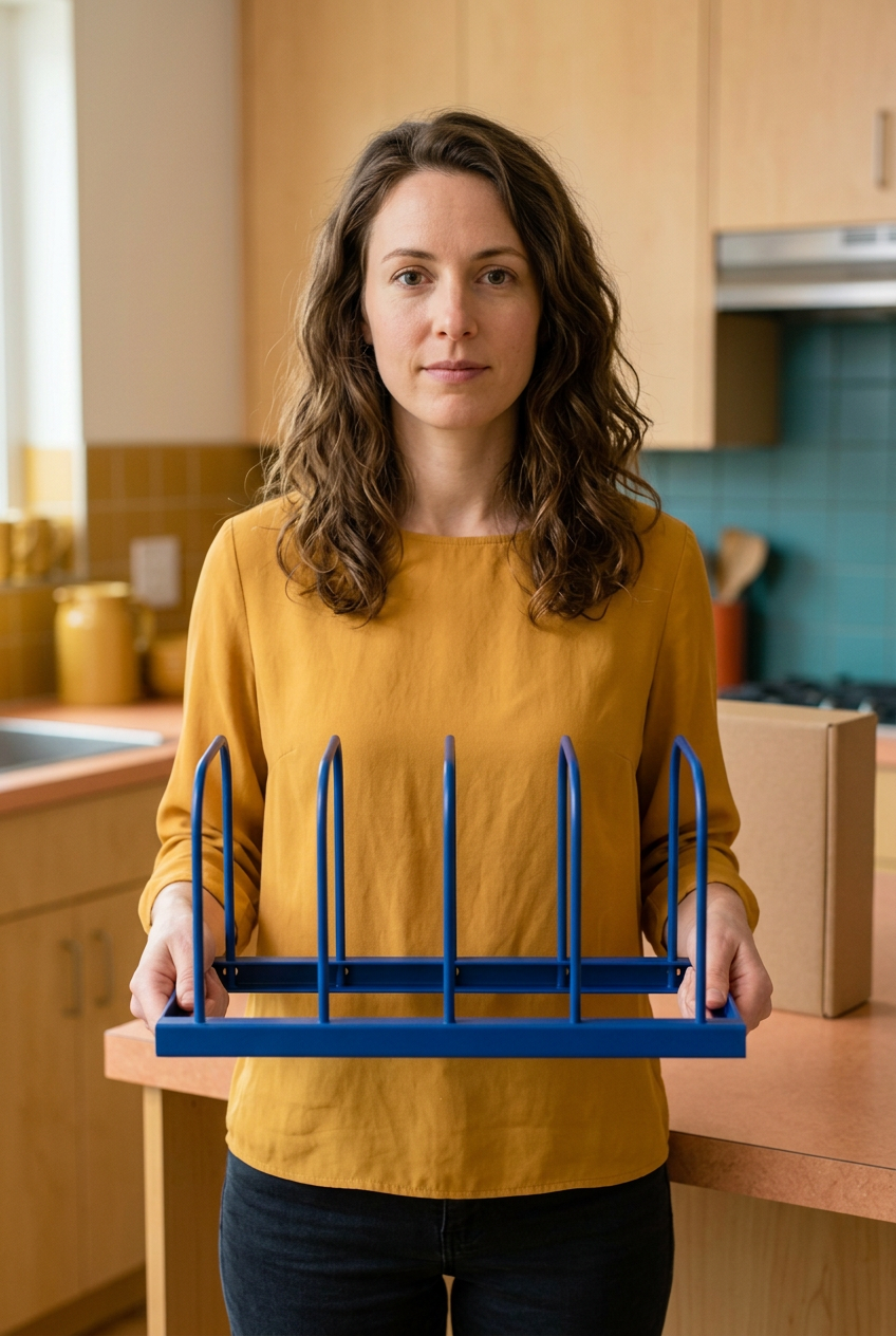 Female model holding empty blue rack concept