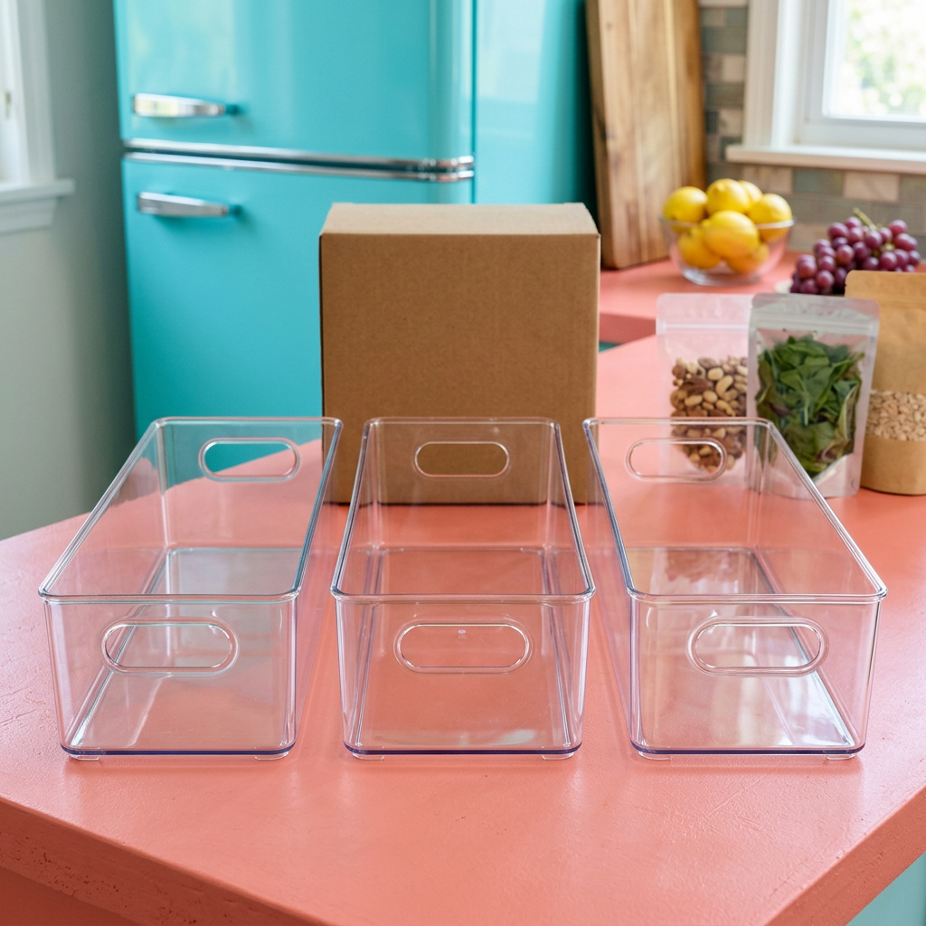Three clear refrigerator organizer bin concepts with blank kraft box
