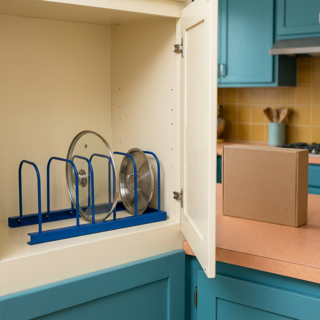 Blue pot lid rack concept inside an open cabinet