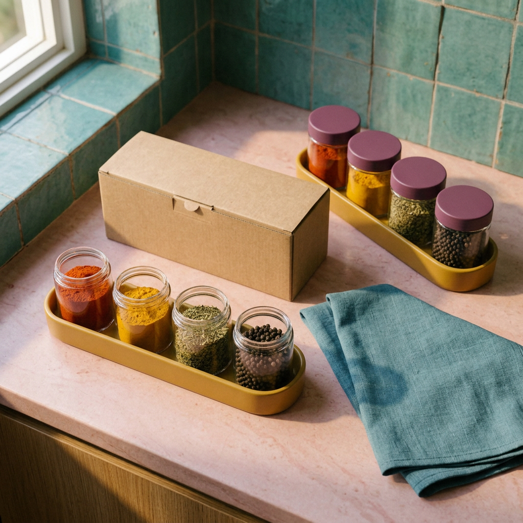 Overhead view of four-jar spice organizer concept