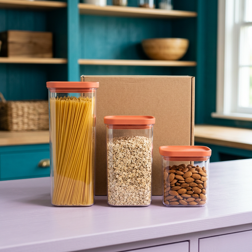 Three clear pantry container concept with coral lids and blank kraft box