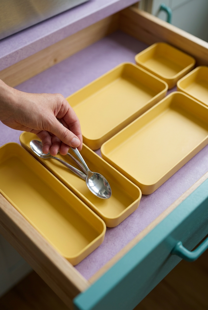 Hand placing spoon in yellow drawer tray concept