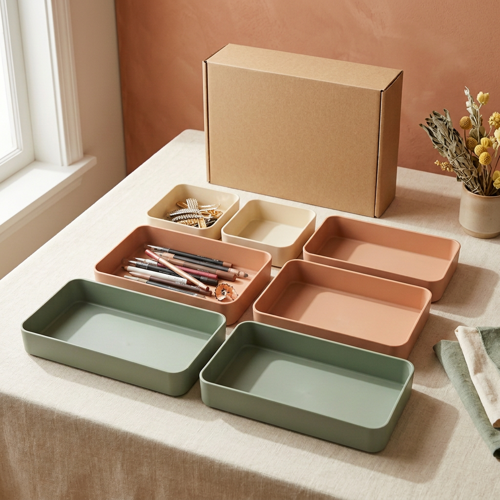 Concept detail showing hair clips and pencils as styling props inside organizer trays
