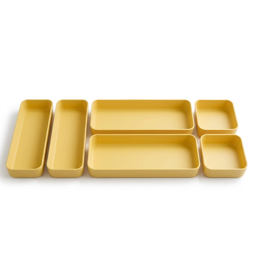 Six yellow organizer trays concept on white background