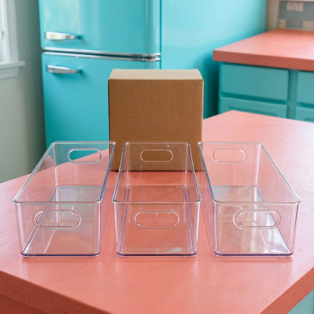 Overhead arrangement of three clear fridge bin concepts