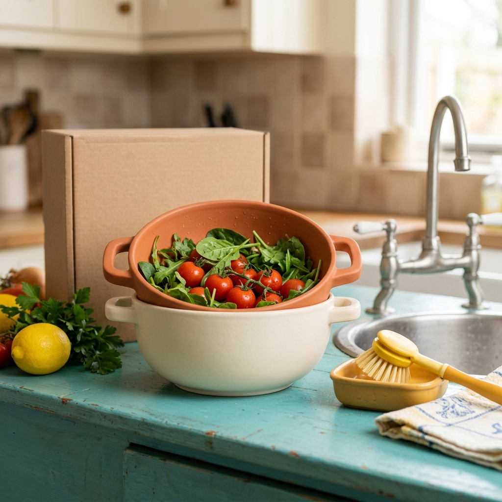 Colander and bowl concept with colorful produce