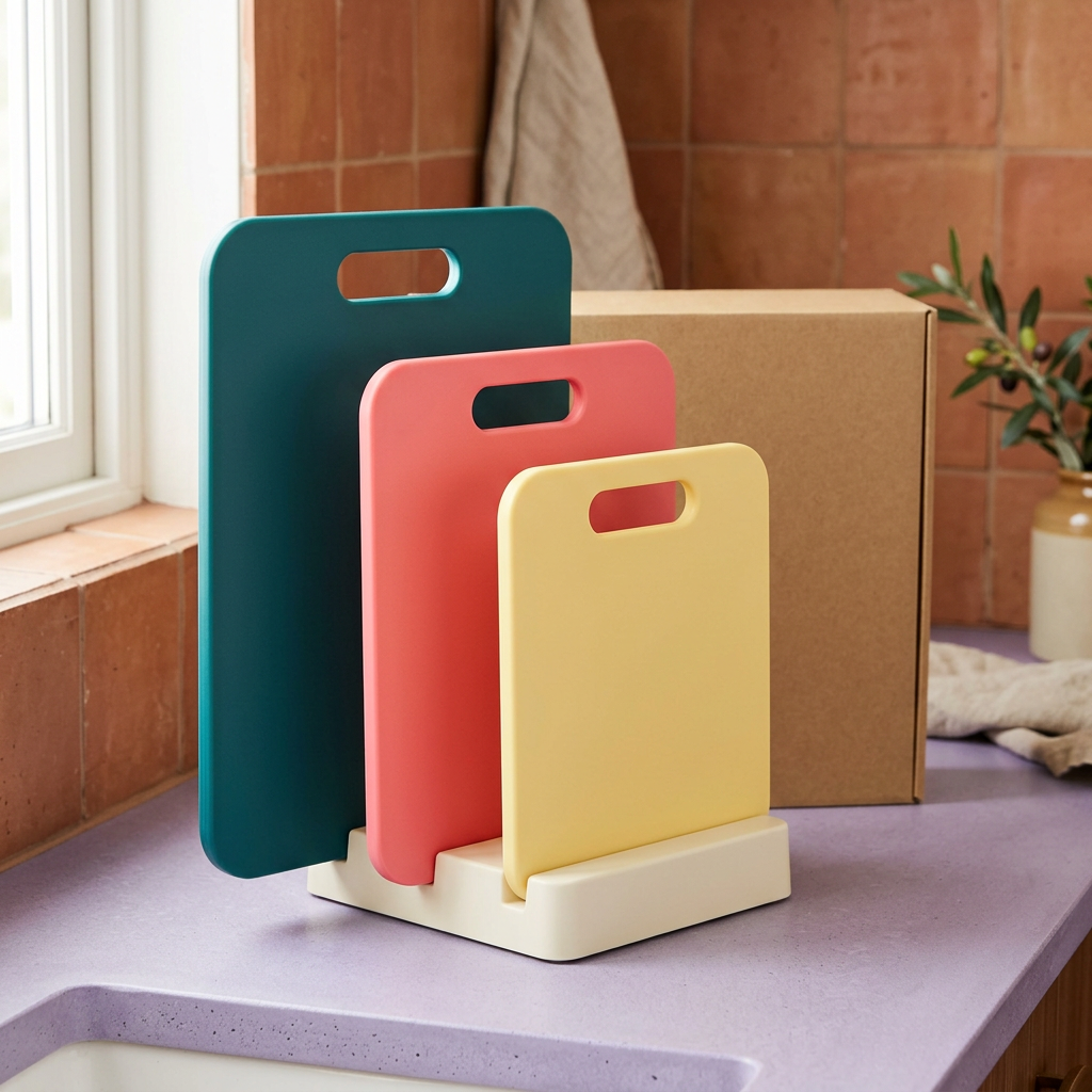 Three colorful cutting board concepts in ivory stand with blank kraft box
