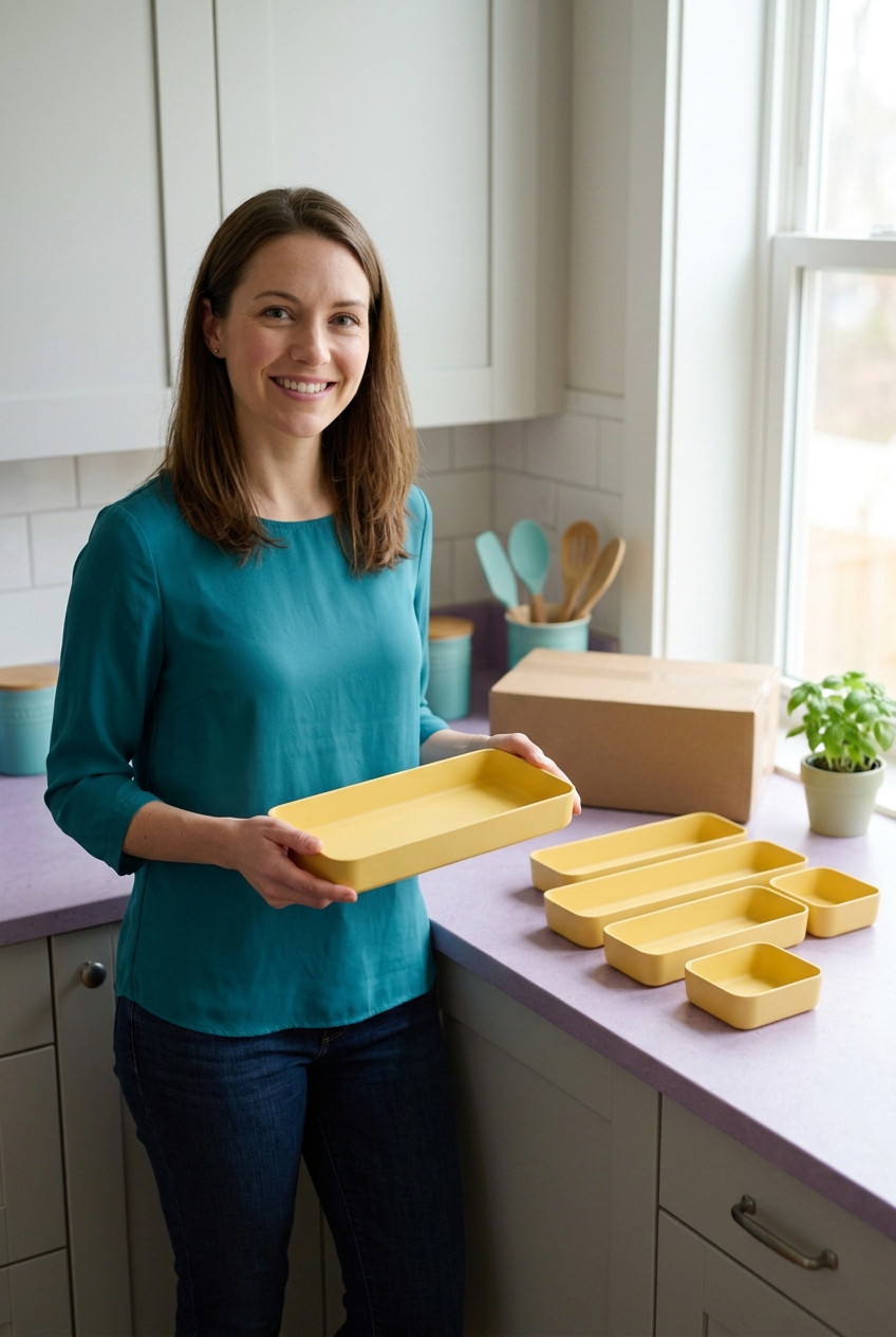 Female model holding yellow organizer tray concept