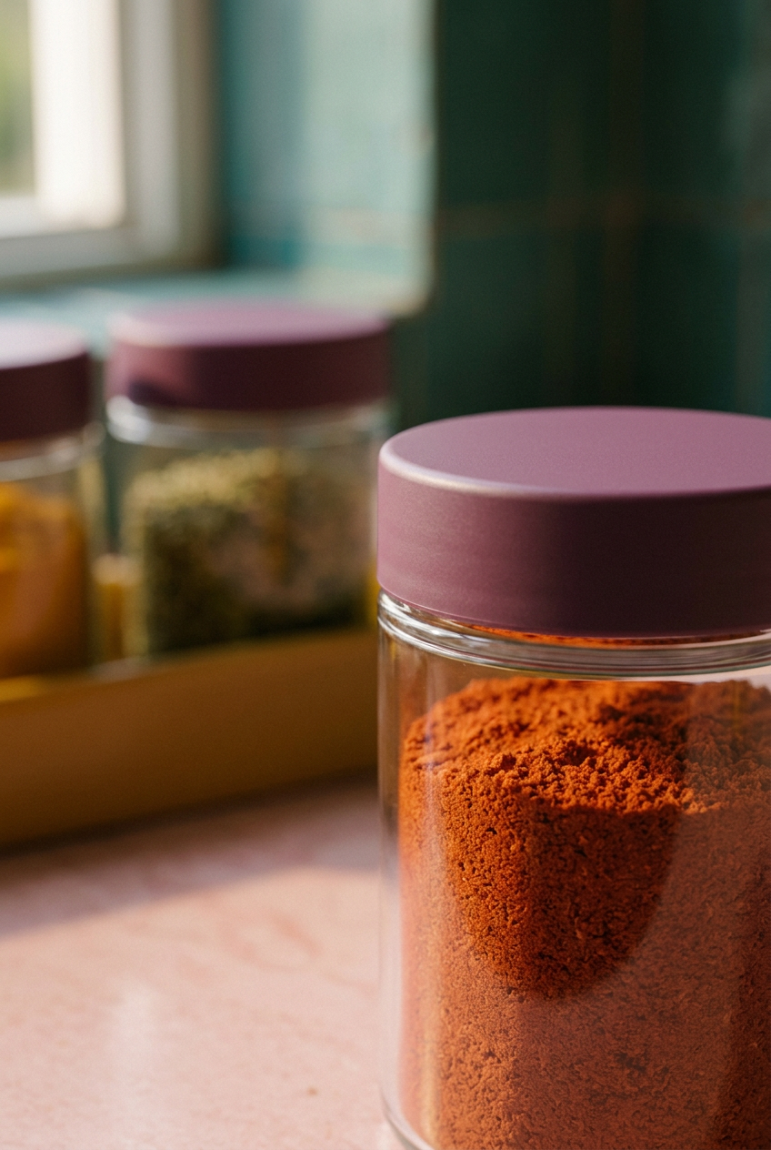 Plum lid and clear spice jar detail concept