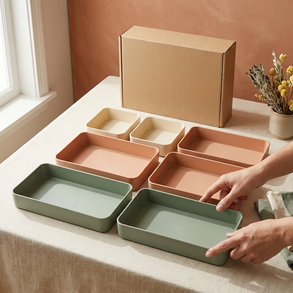 Hands demonstrating a separate sage tray in the seven-tray concept set