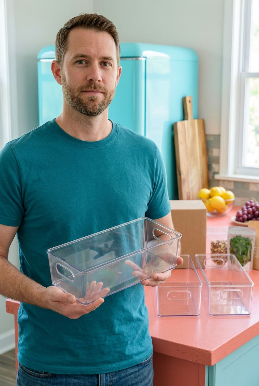 Male model holding clear refrigerator bin concept