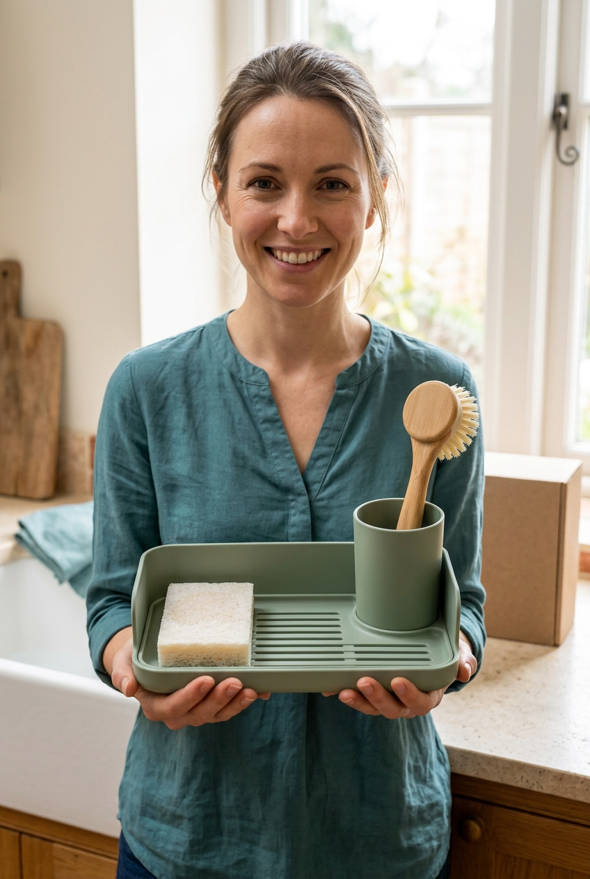 Female model holding the sage green sink organizer concept