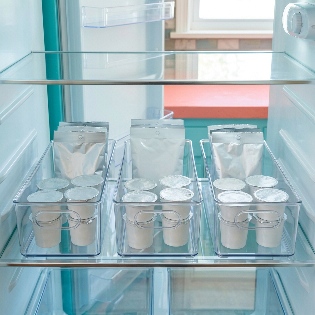 Clear bin concepts grouping sealed food packages on refrigerator shelf
