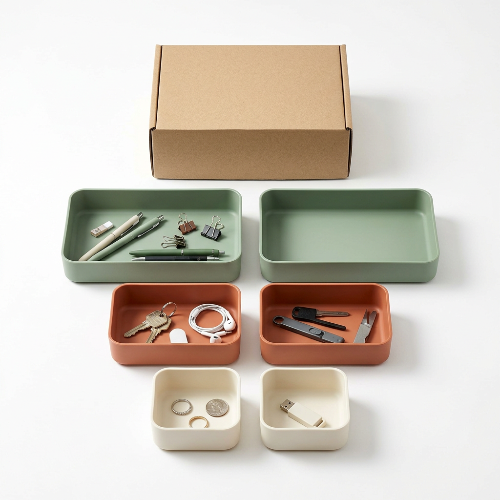 White background concept of six trays with styling accessories