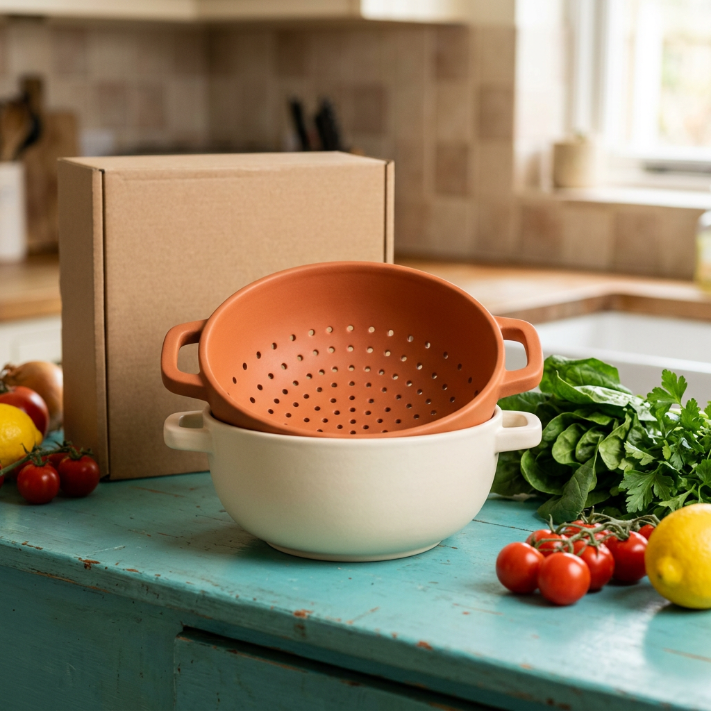 Terracotta colander and cream bowl concept with blank kraft packaging