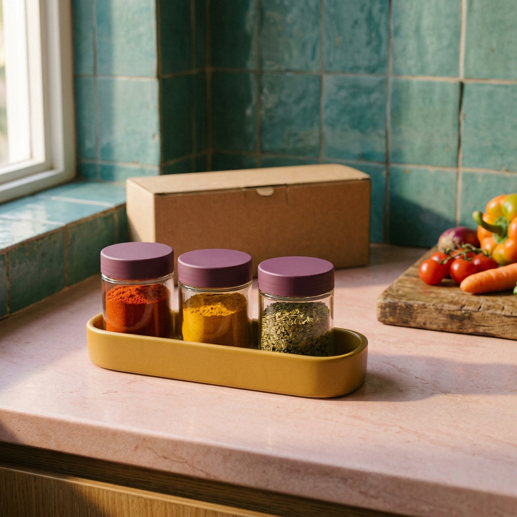 Spice organizer concept in colorful kitchen preparation setting