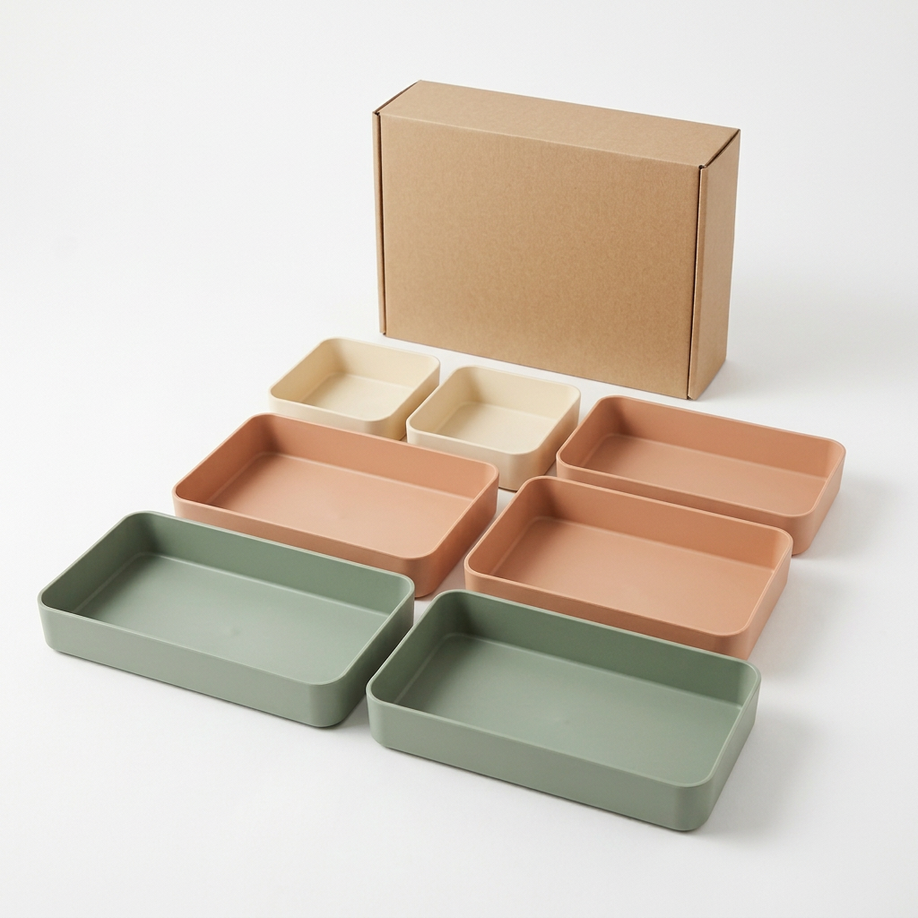 White-background concept image of seven trays and unprinted kraft packaging