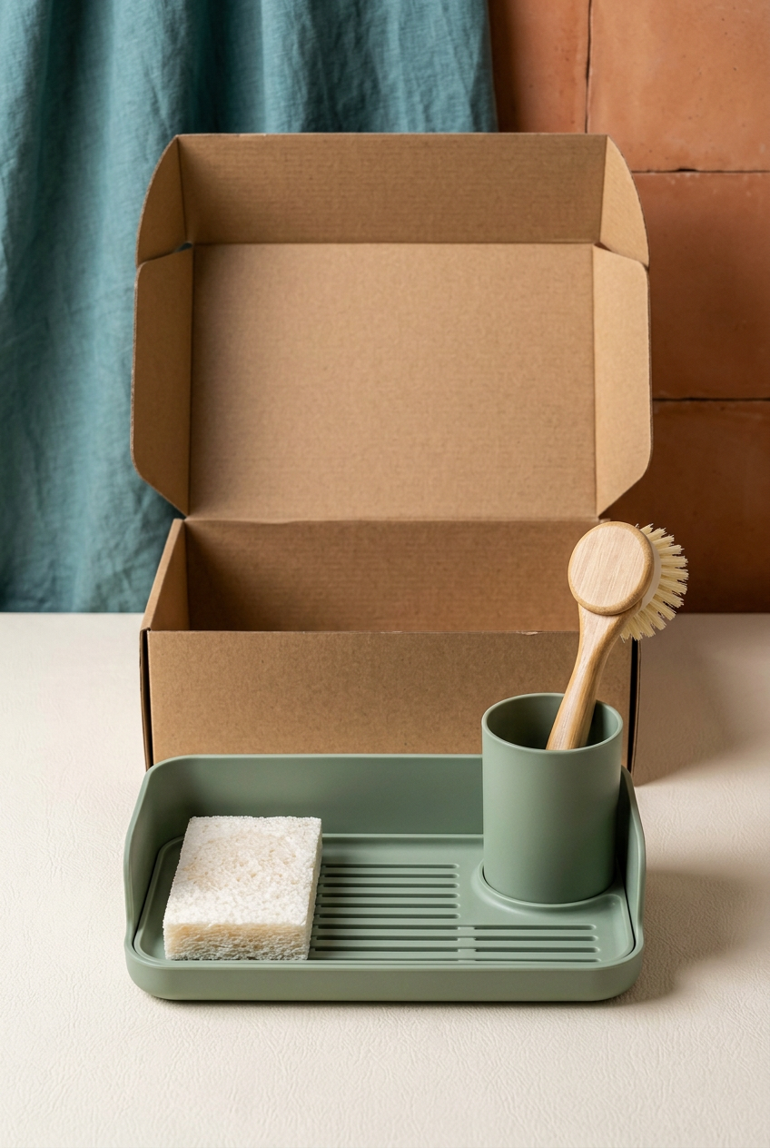 Sink organizer concept with unbranded kraft packaging