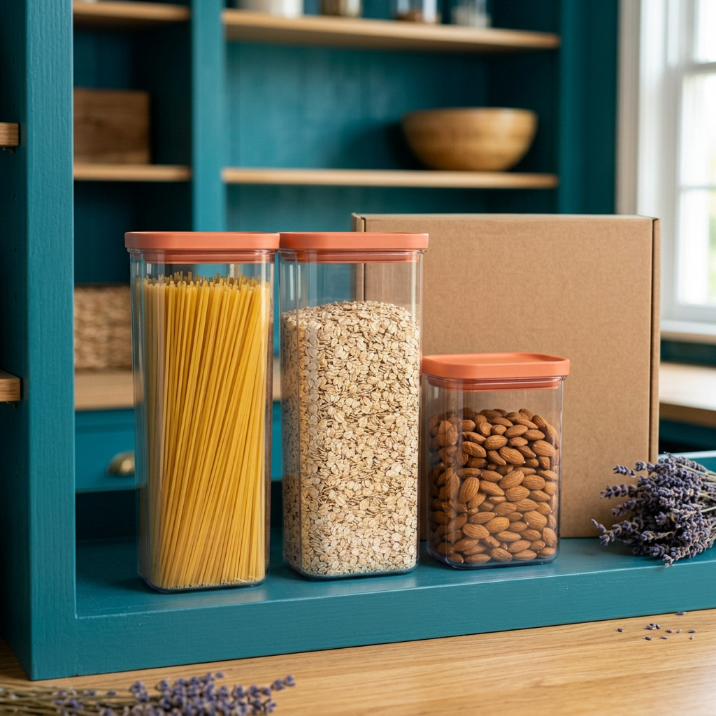 Coral lid pantry containers concept on teal shelf