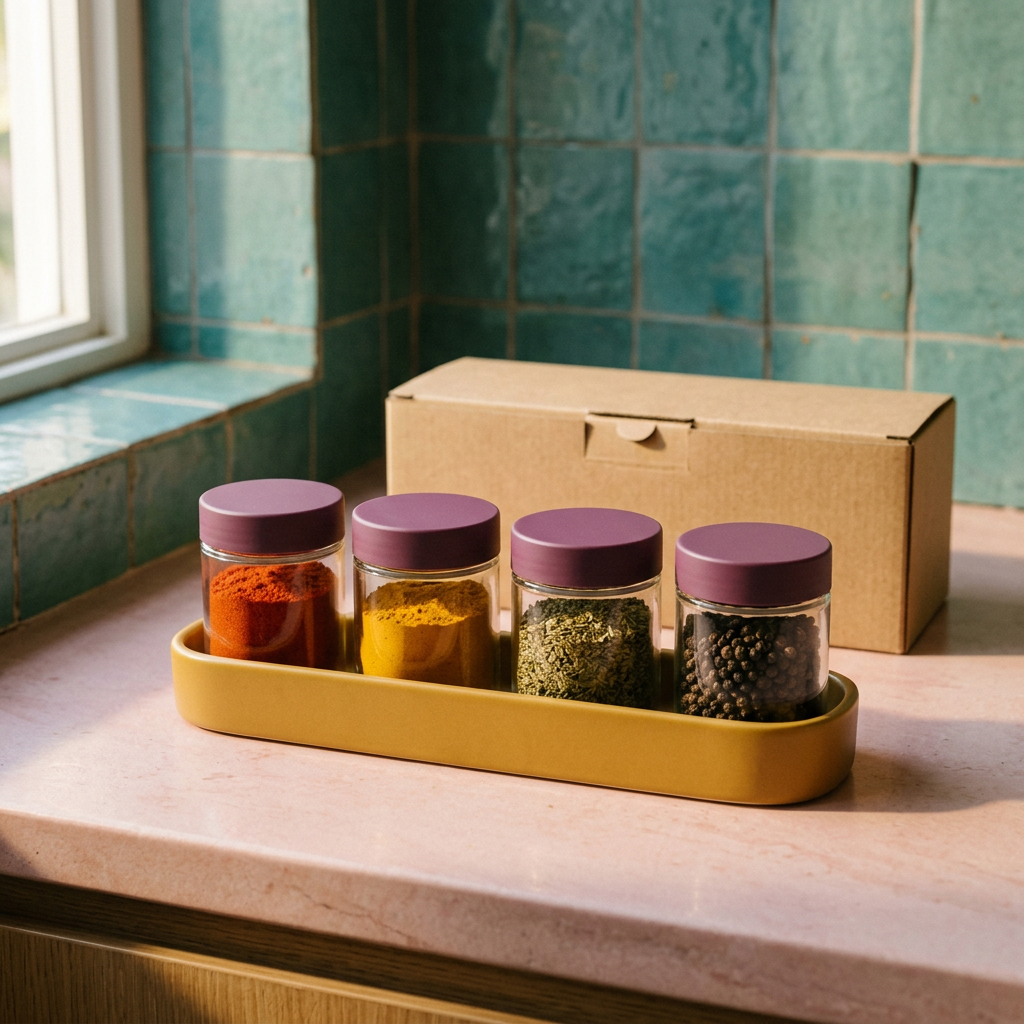 Four spice jar concept with plum lids mustard tray and blank kraft box