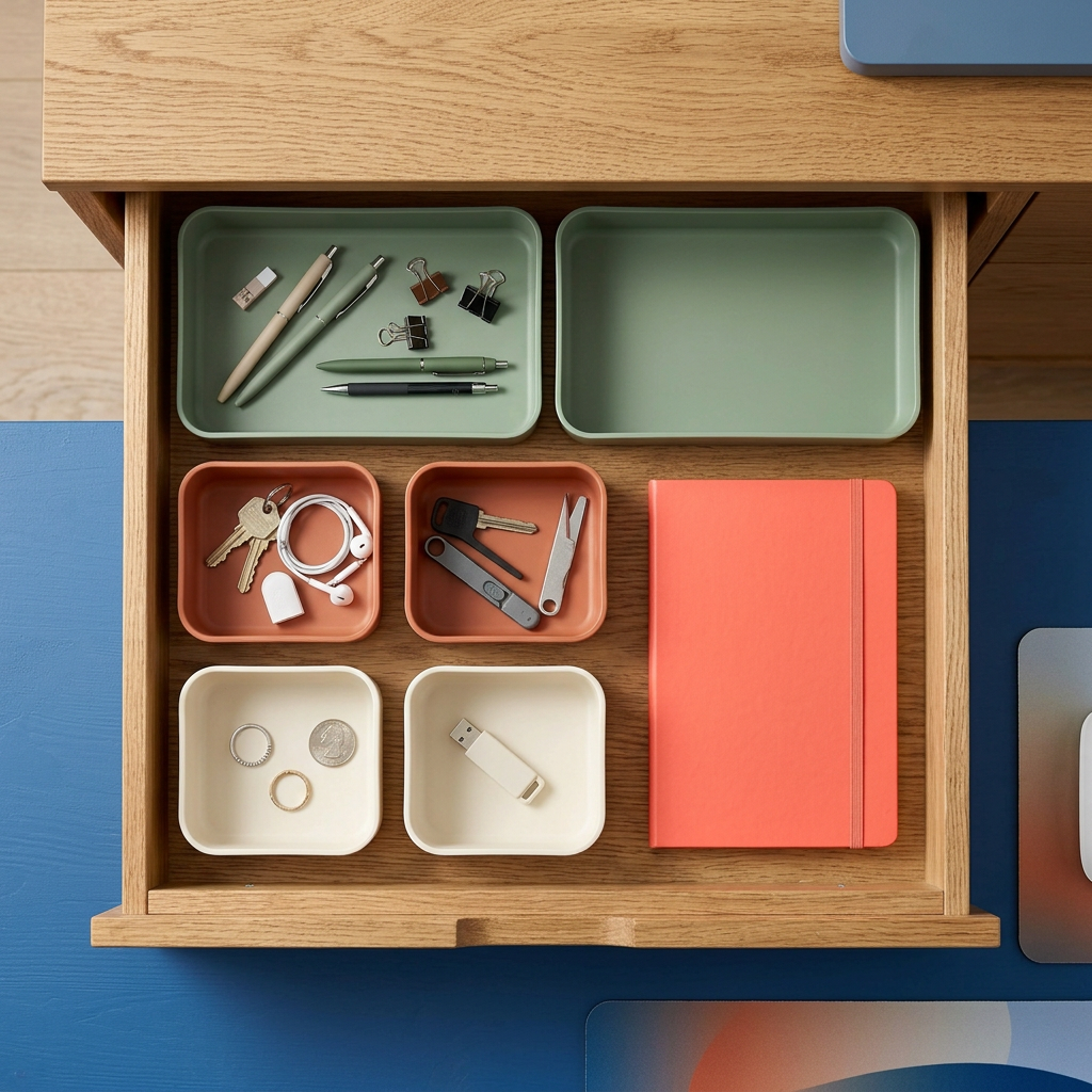 Concept trays arranged inside an office drawer