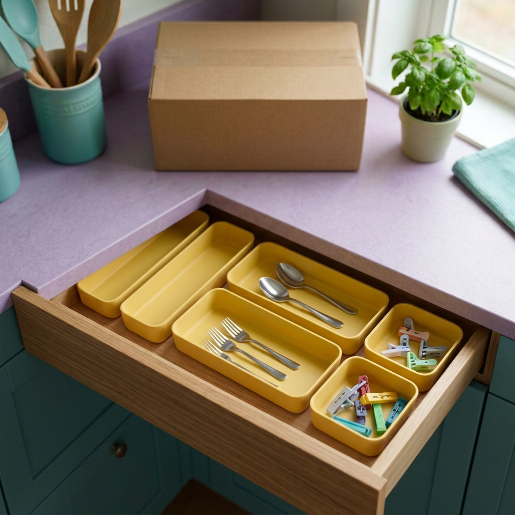 Yellow tray organizer concept in kitchen drawer
