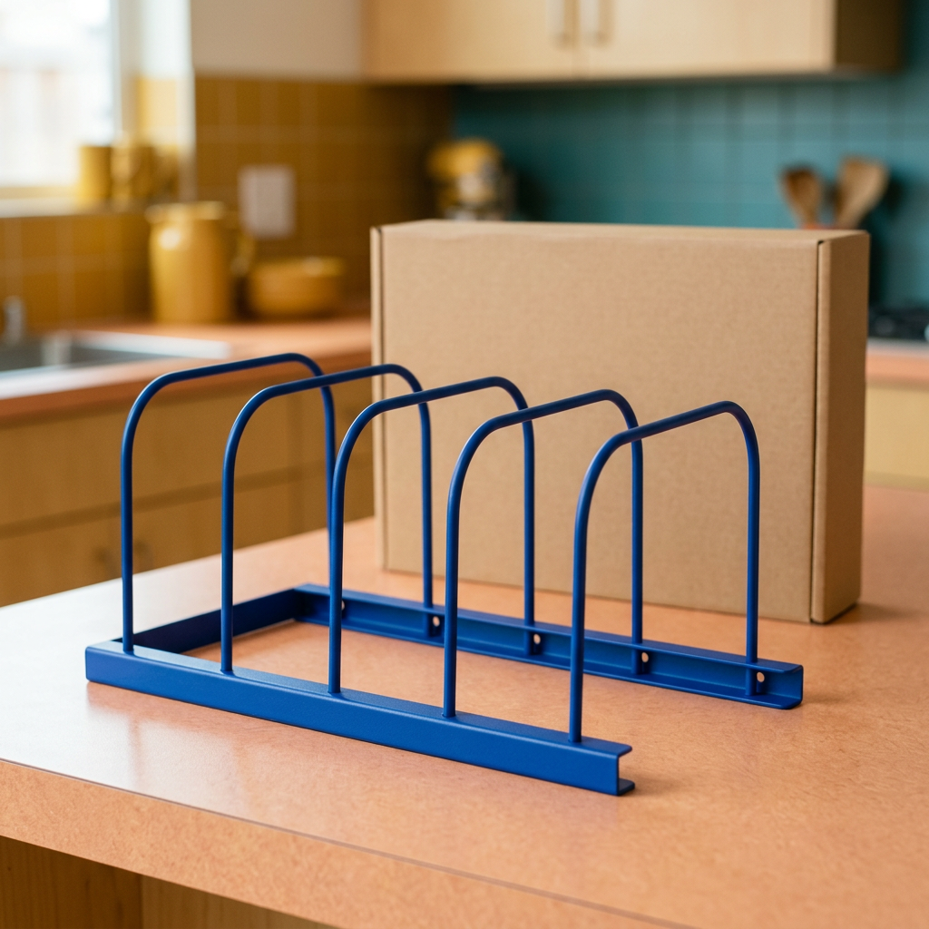 Cobalt blue horizontal cookware rack concept with blank kraft box