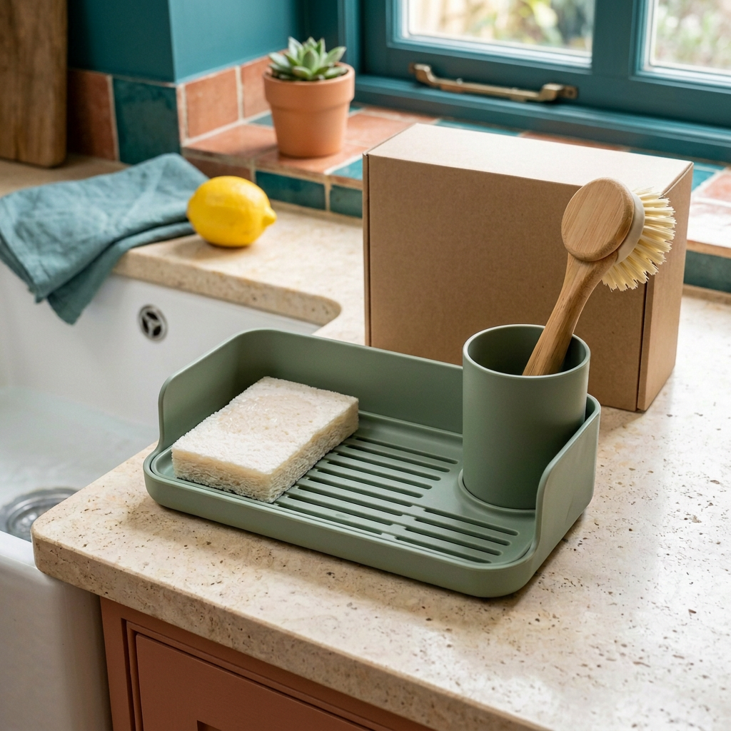 Sage green sink caddy concept in a colorful kitchen