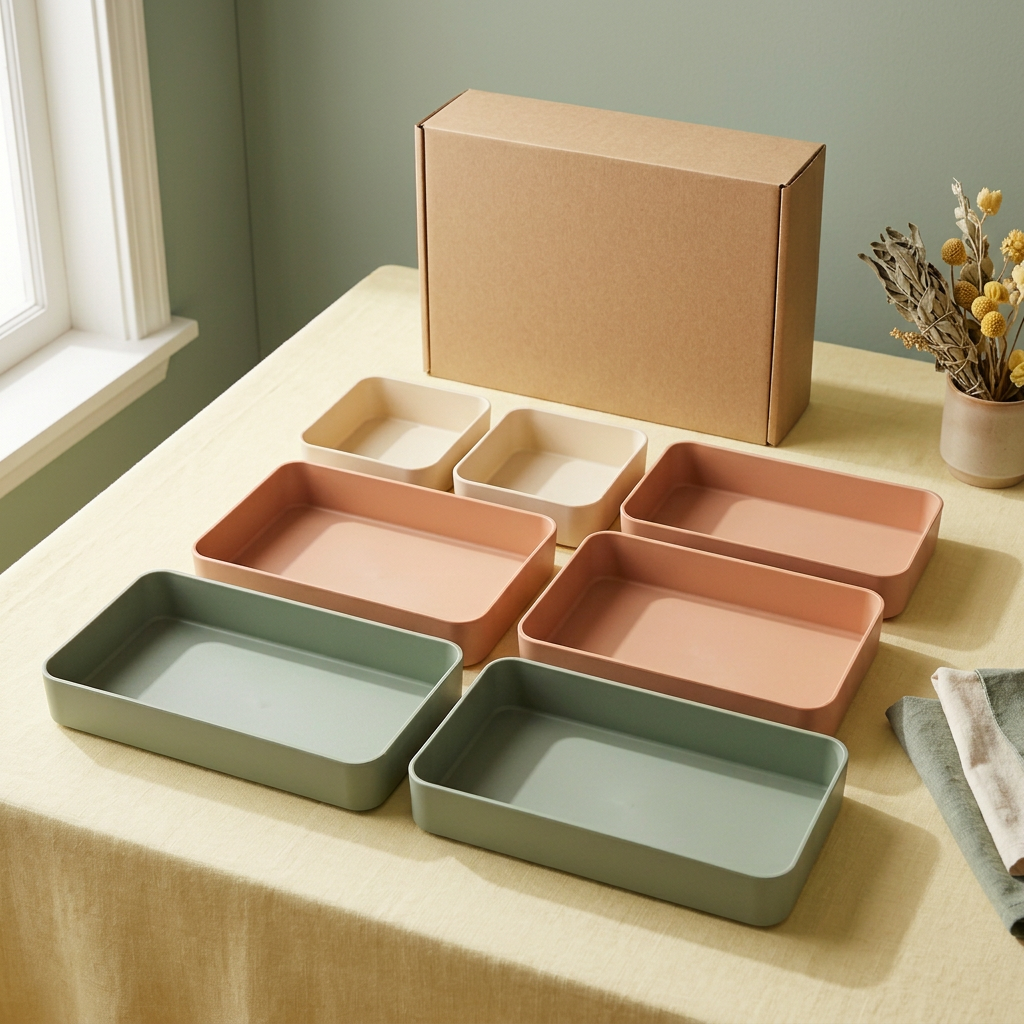 Second concept main image of the coordinated tray set against a sage backdrop