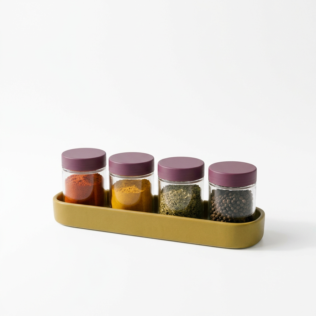 Spice jar organizer concept on white background