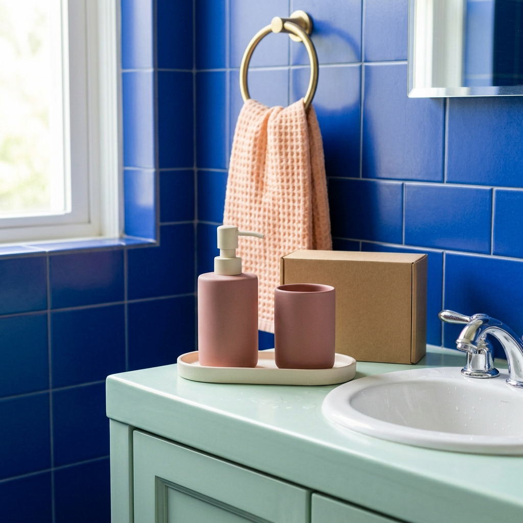 Rose bathroom accessory concept on mint vanity