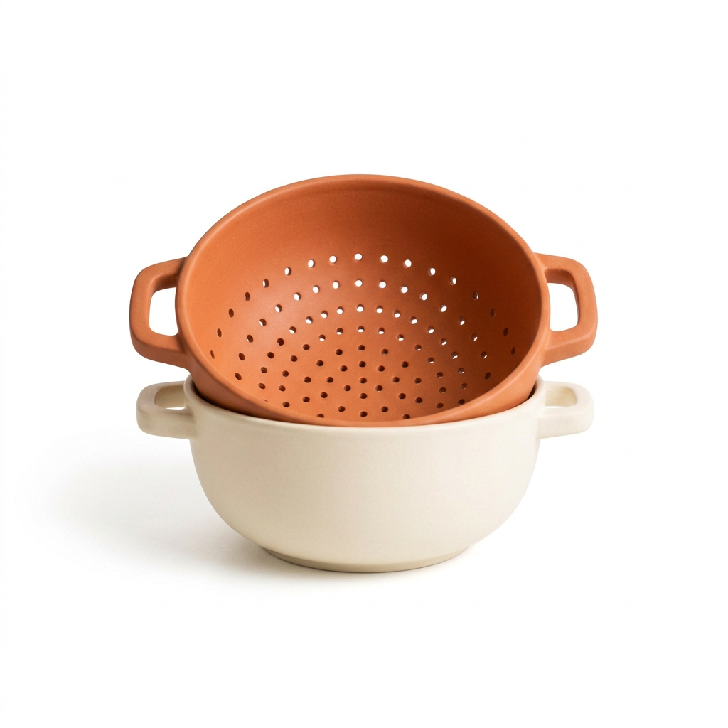 Terracotta and cream colander set concept on white background