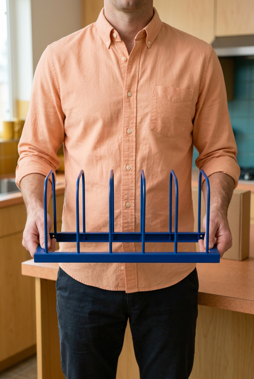 Male model holding empty blue rack concept