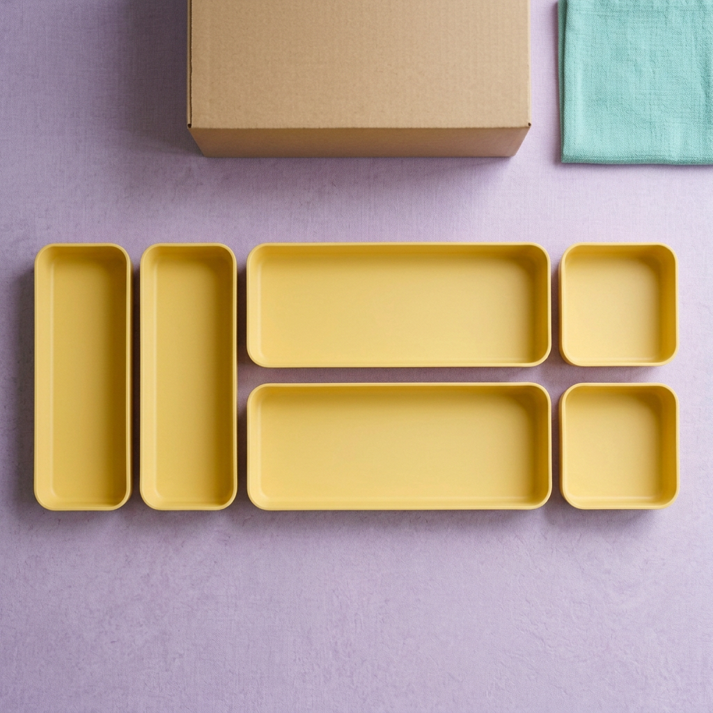 Overhead arrangement of six yellow organizer trays concept