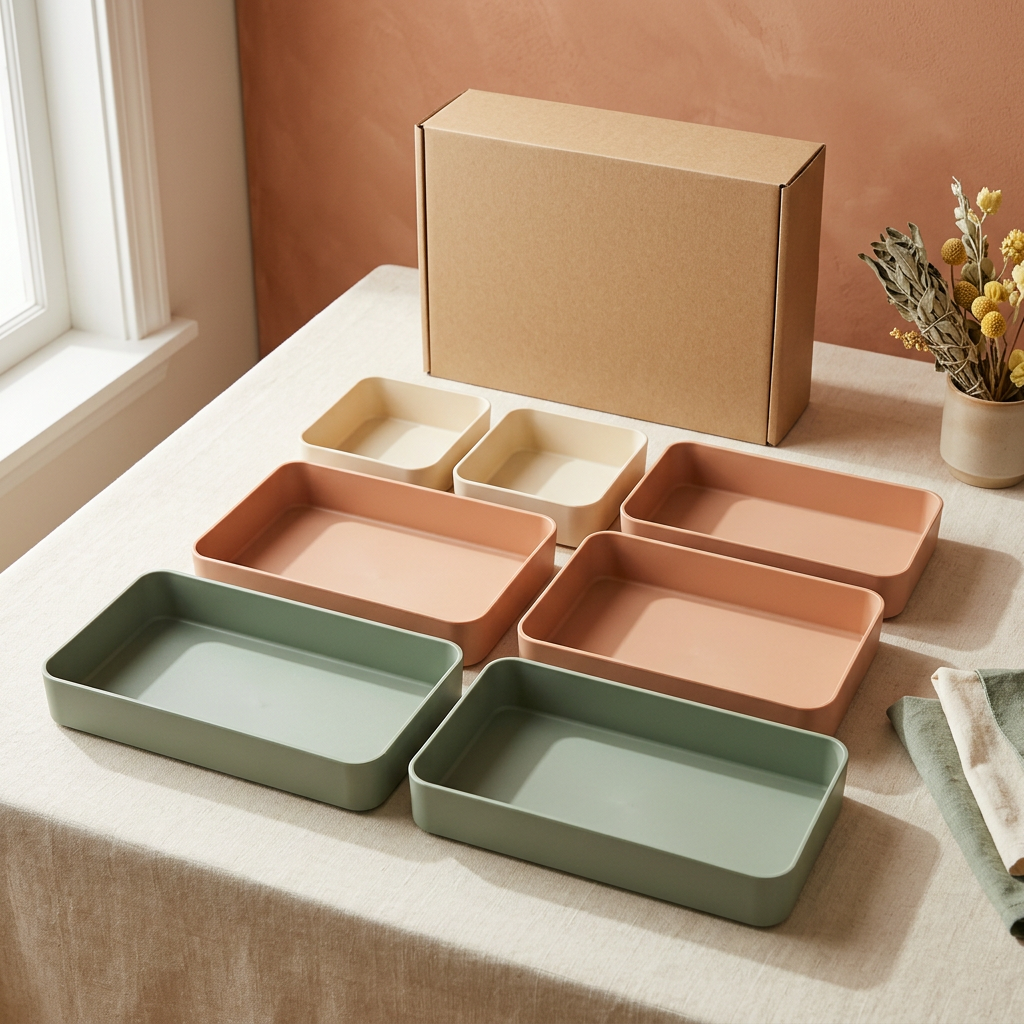 Concept main image of seven organizer trays in sage peach and cream with an unprinted kraft box