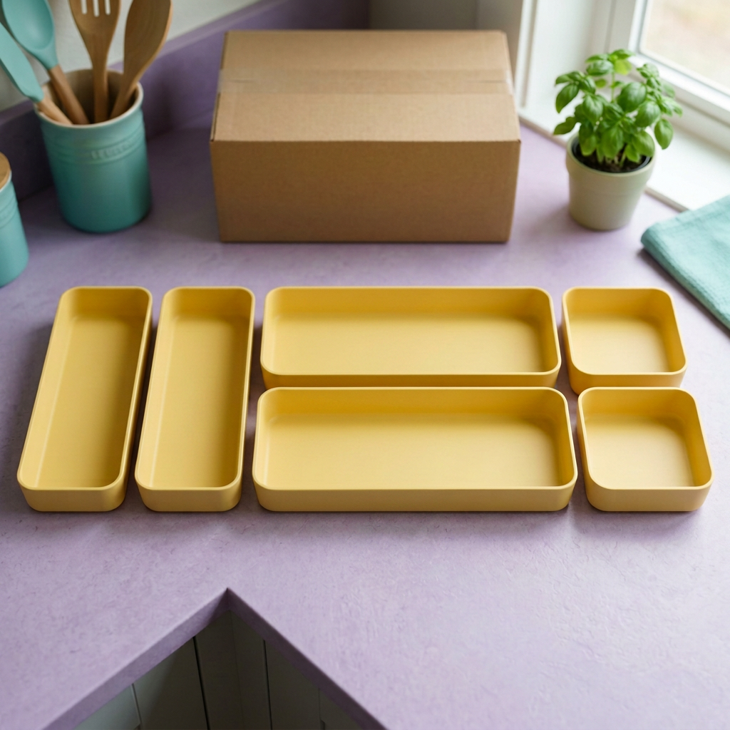 Six butter yellow drawer organizer trays concept with blank kraft box