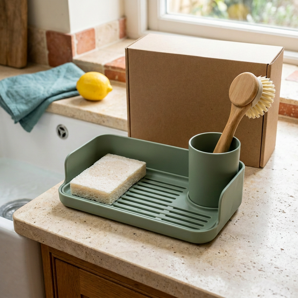 Sage green sink organizer concept with brush and sponge beside a blank kraft box