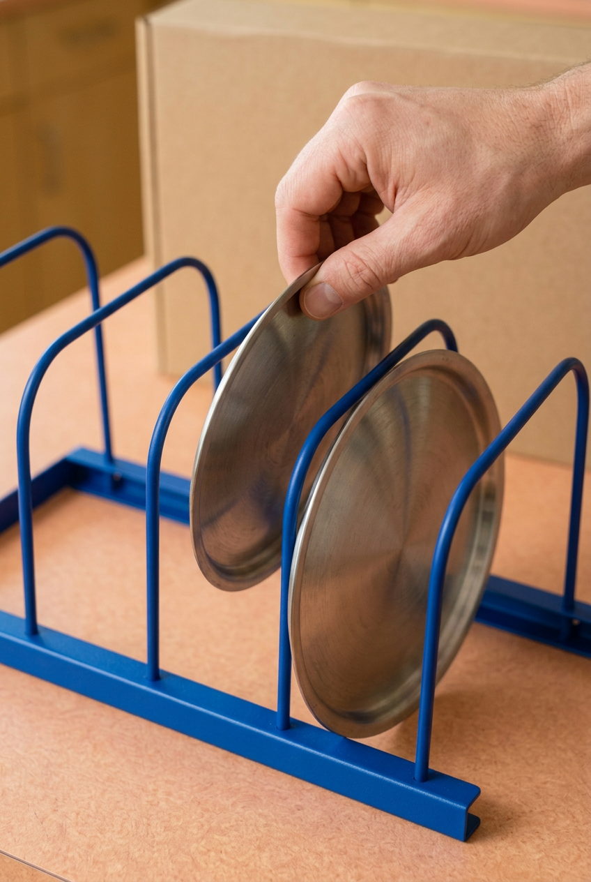 Hand lifting a lid from blue organizer concept