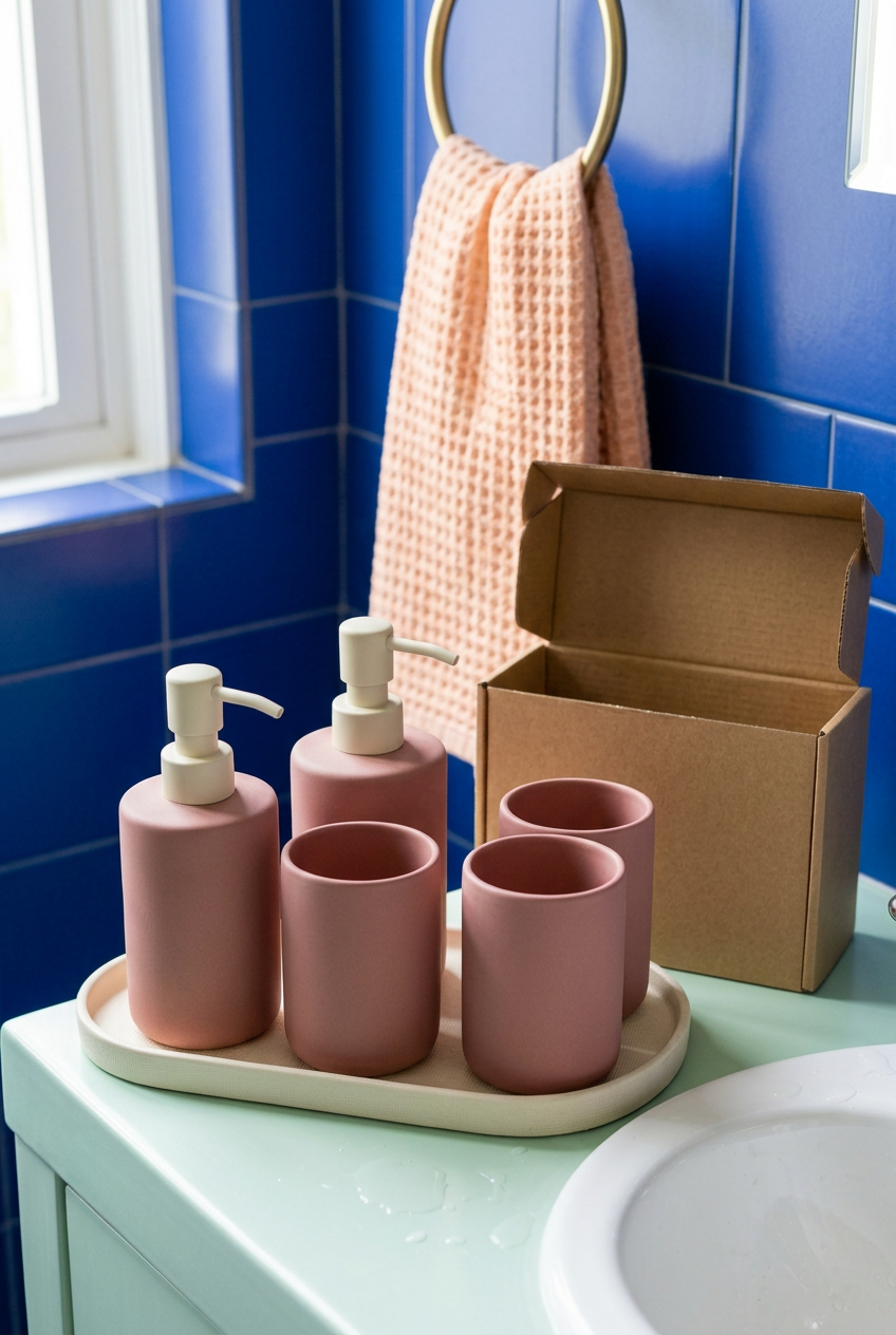 Three-piece bathroom concept with unbranded kraft packaging