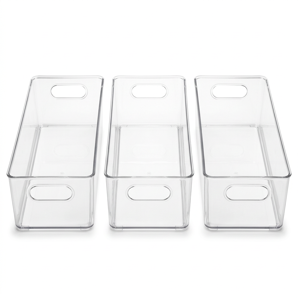 Three clear organizer bin concepts on white background